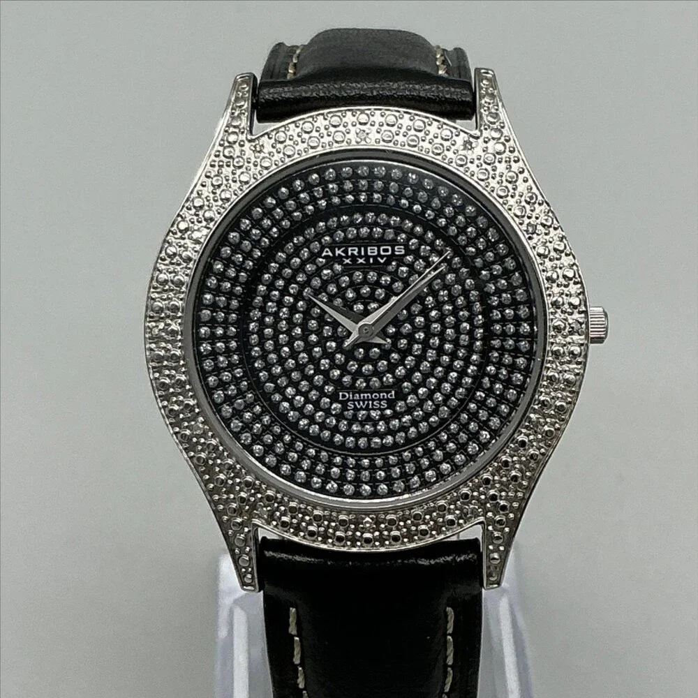 Akribos XXIV AK464BK Womens Watch 36mm Black Dial Leather Diamond New Battery
